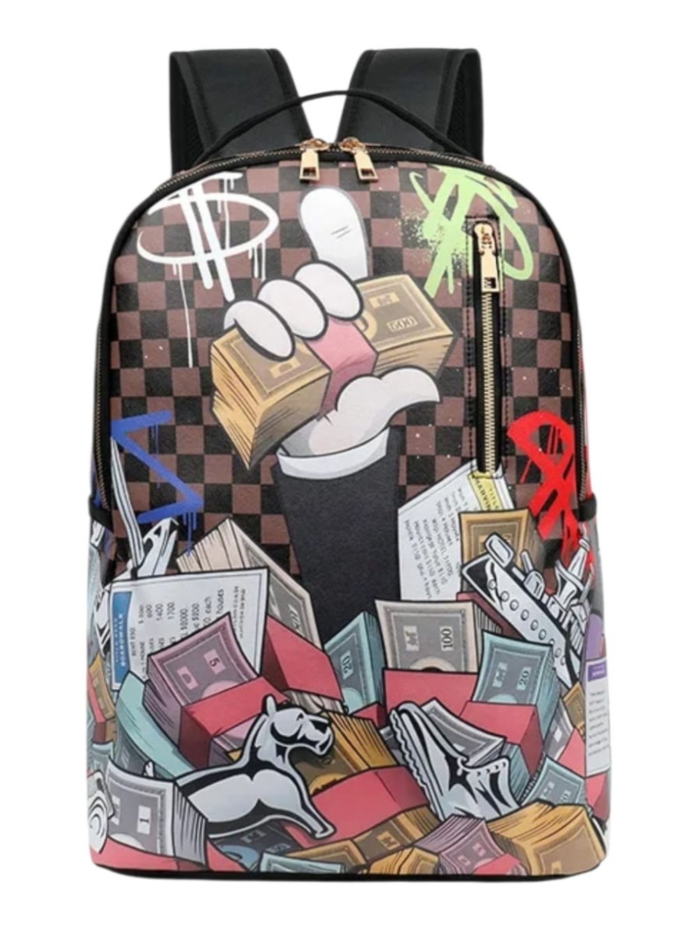 Stylish Graphic Money Print Backpack - Black Multicolor ( New Without Tags)
